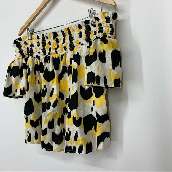 Who What Wear Linen Graphic Cat Smocked Off The Shoulder Short Sleeve Blouse Nwt - Picture 4 of 16